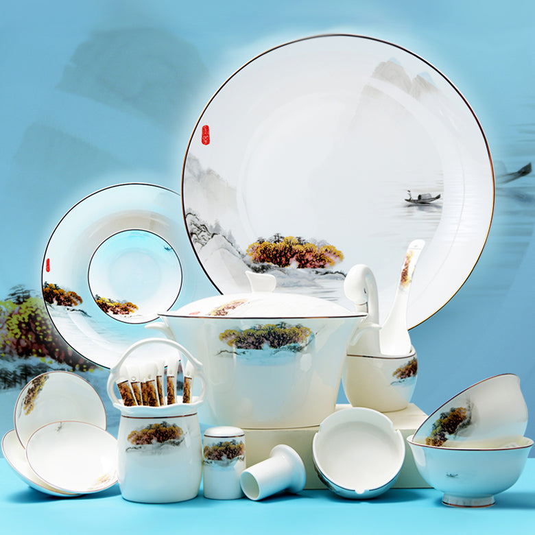 Luxury Bone China Dining Ware Collection - Embossed Gold & Enameling of Landscape Motif