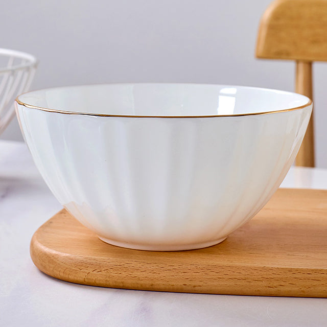 Bone China Ribbed Bowl - White with Gold Rim