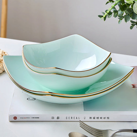 Bone China Celadon Square Plate - Curved Edge with Upward Angles