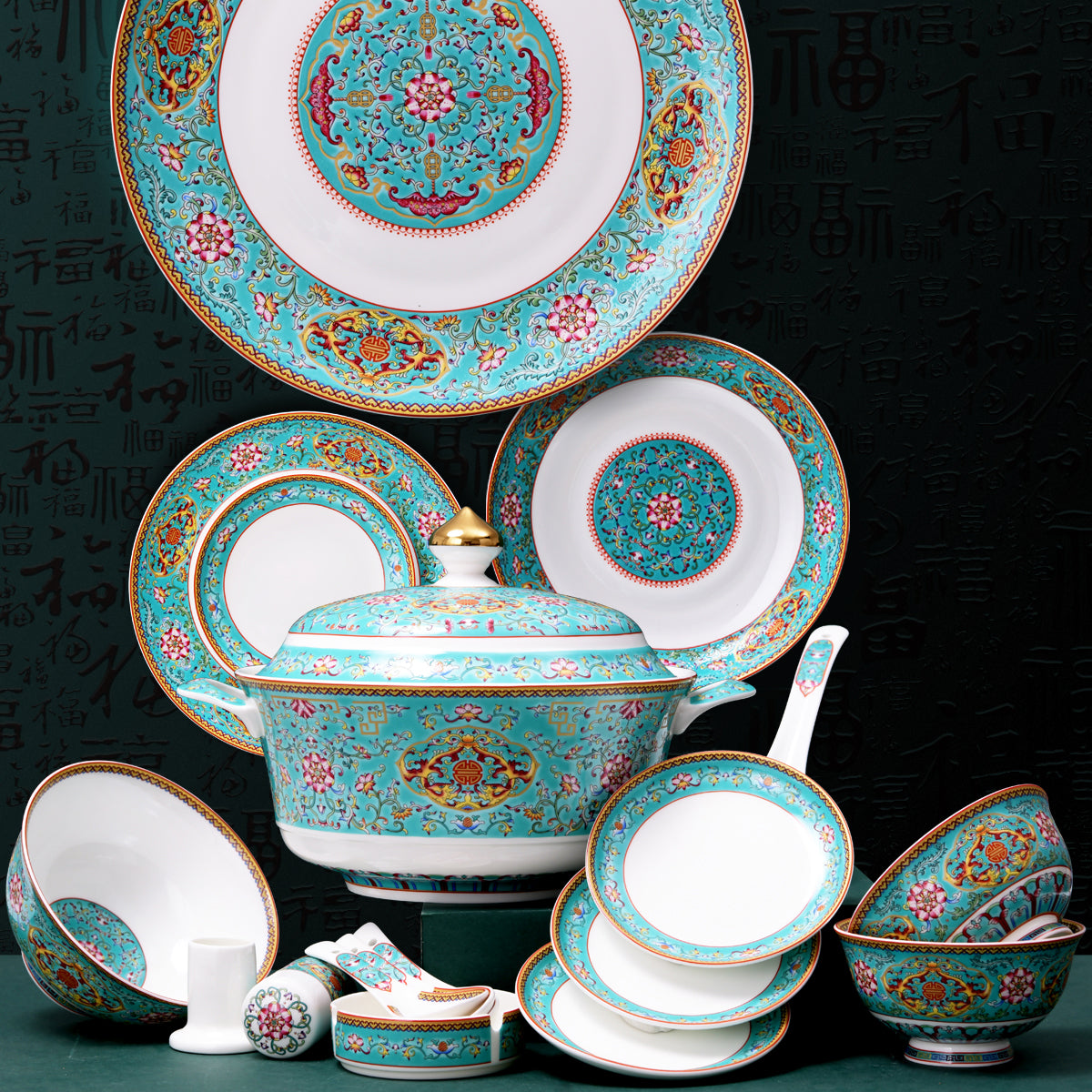 Luxury Bone China Dining Ware Collection - Enameling of Decorative Motif in Turquoise