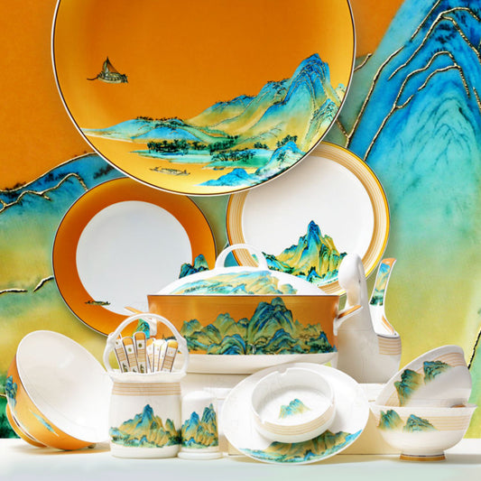 Luxury Bone China Dining Ware Collection - Embossed Gold on Enameling of Landscape Motif with Yellow Background