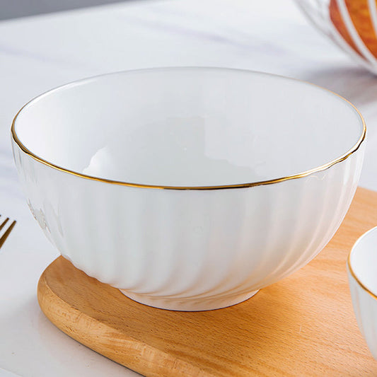 Bone China Round Bowl - Curved Ridges & Gold Rim