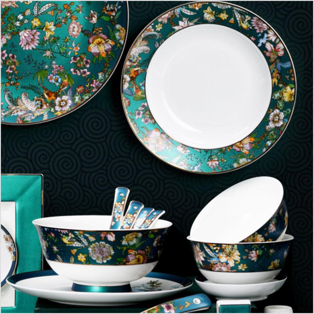 Luxury Bone China Dining Ware Collection - Enameling of Floral Motif in Green