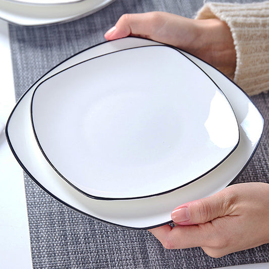 Bone China Flat Plate - Square Shaped with Black Rim