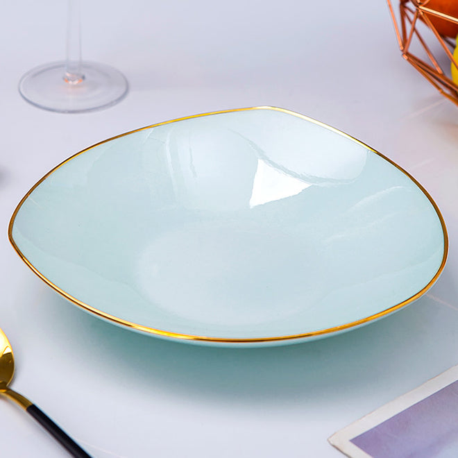 Bone China Celadon Dinnerware - Triangle Plate with Gold Rim