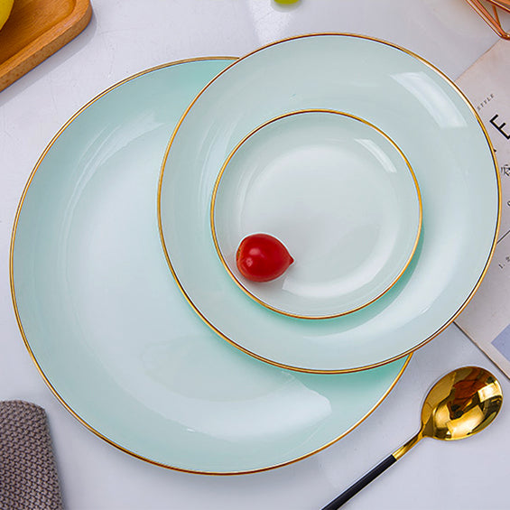 Bone China Celadon Dinnerware - Flat Plate with Gold Rim