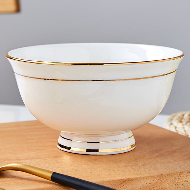 Bone China Round Bowl - White with Gold Rim & Foot