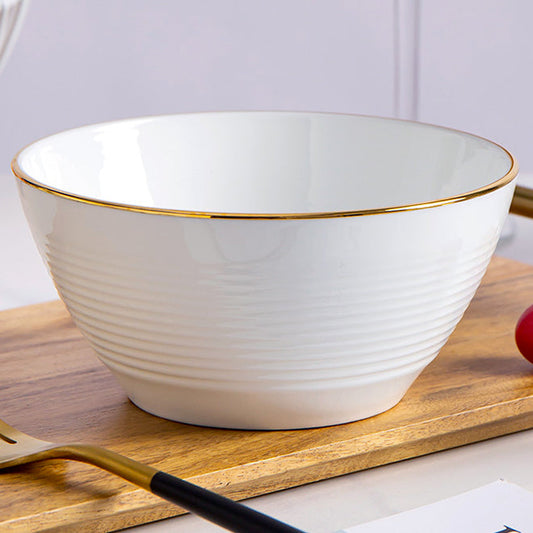 Bone China Round Bowl - Horizontal Ridges & Gold Rim