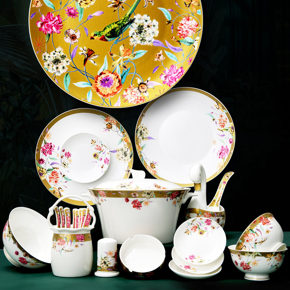 Luxury Bone China Dining Ware Collection - Enameling of Floral Motif in Golden Background