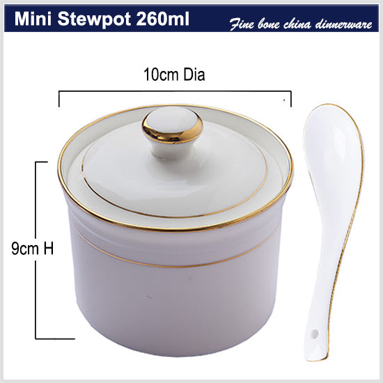 Bone China Stew Pot W/ Lid & Spoon - Gold Rimmed