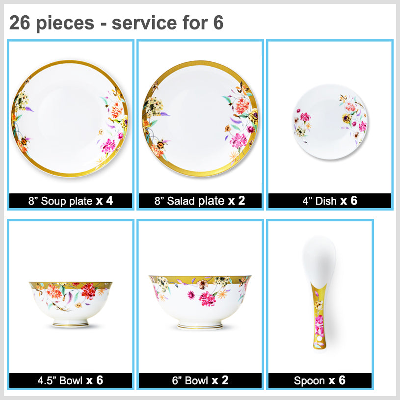 Luxury Bone China Dining Ware Collection - Enameling of Floral Motif in Golden Background