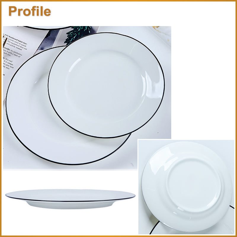Bone China Flat Plate - White with Black Rim