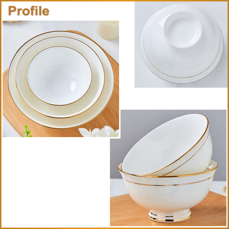 Bone China Round Bowl - White with Gold Rim & Foot