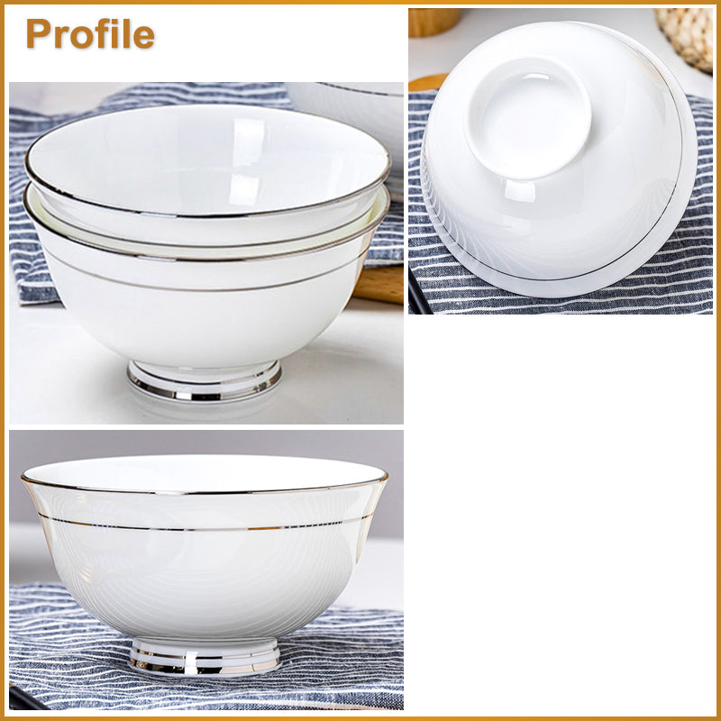 Bone China Round Bowl - White with Silver Rim & Foot