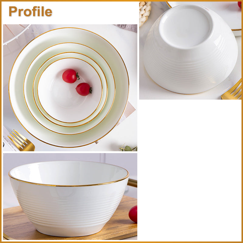 Bone China Round Bowl - Horizontal Ridges & Gold Rim