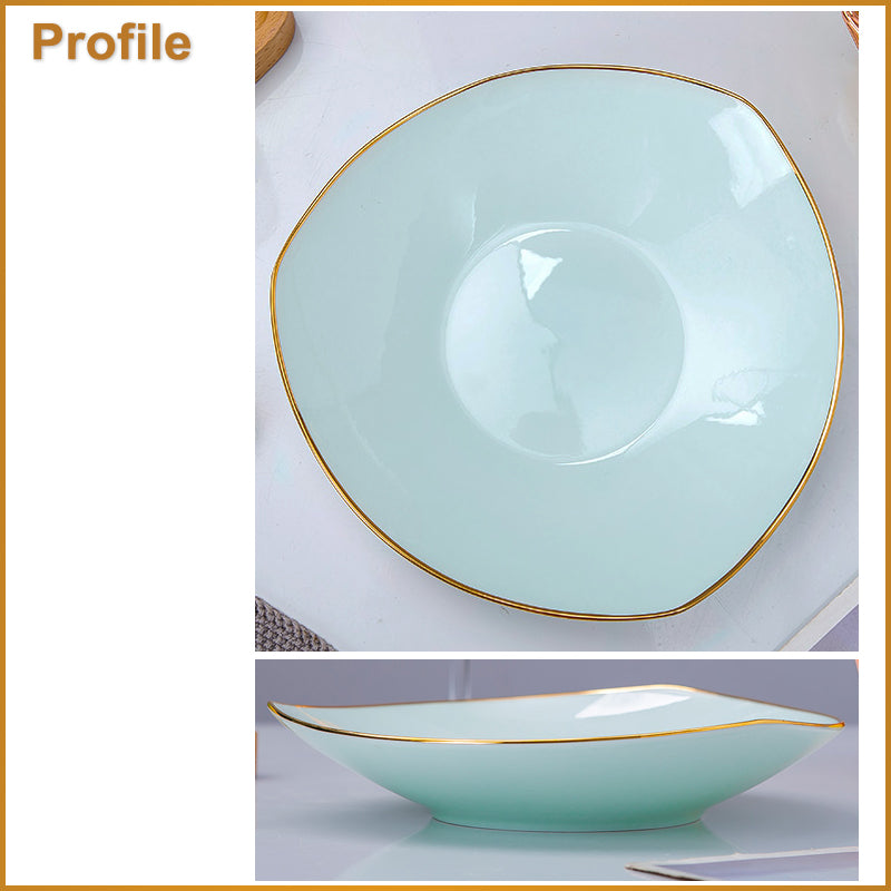 Bone China Celadon Dinnerware - Triangle Plate with Gold Rim