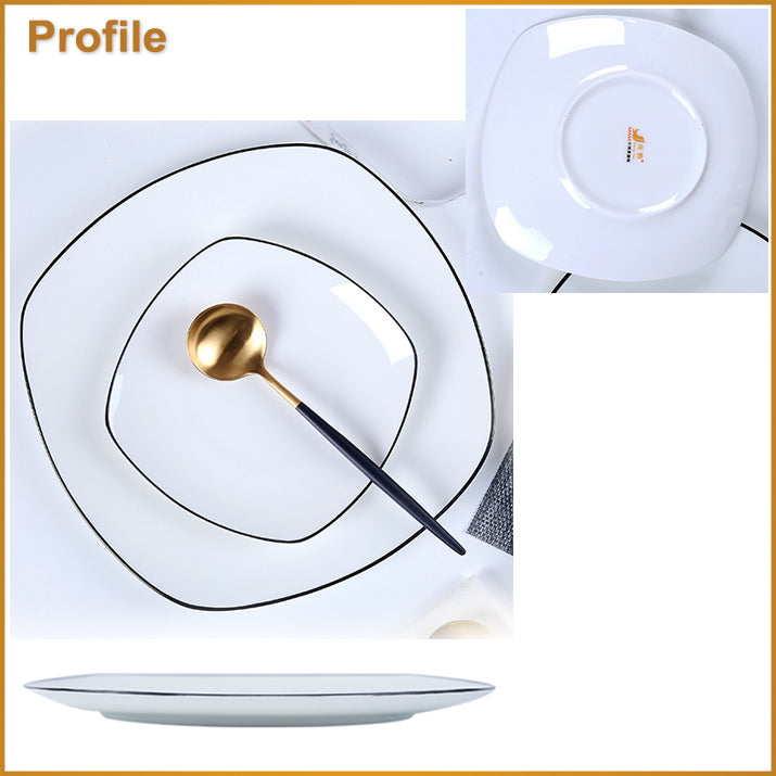 Bone China Flat Plate - Square Shaped with Black Rim