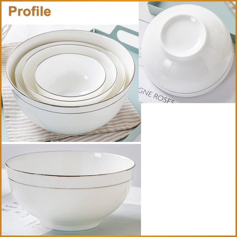 Bone China Round Bowl - White with Silver Rim & Foot