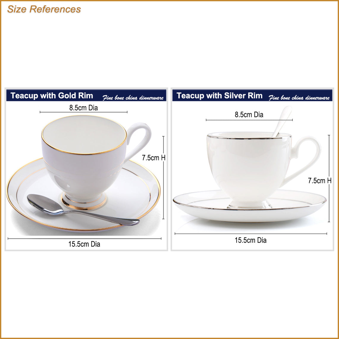 Bone China Tea Cup & Saucer - W/ Gold Rim or Silver Rim