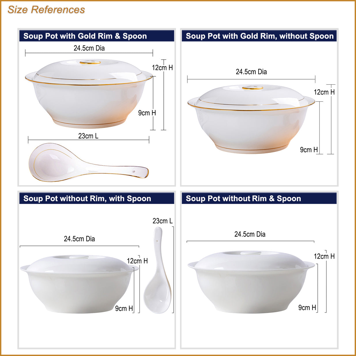 Bone China Soup Tureen - with Gold Rim or without Rim