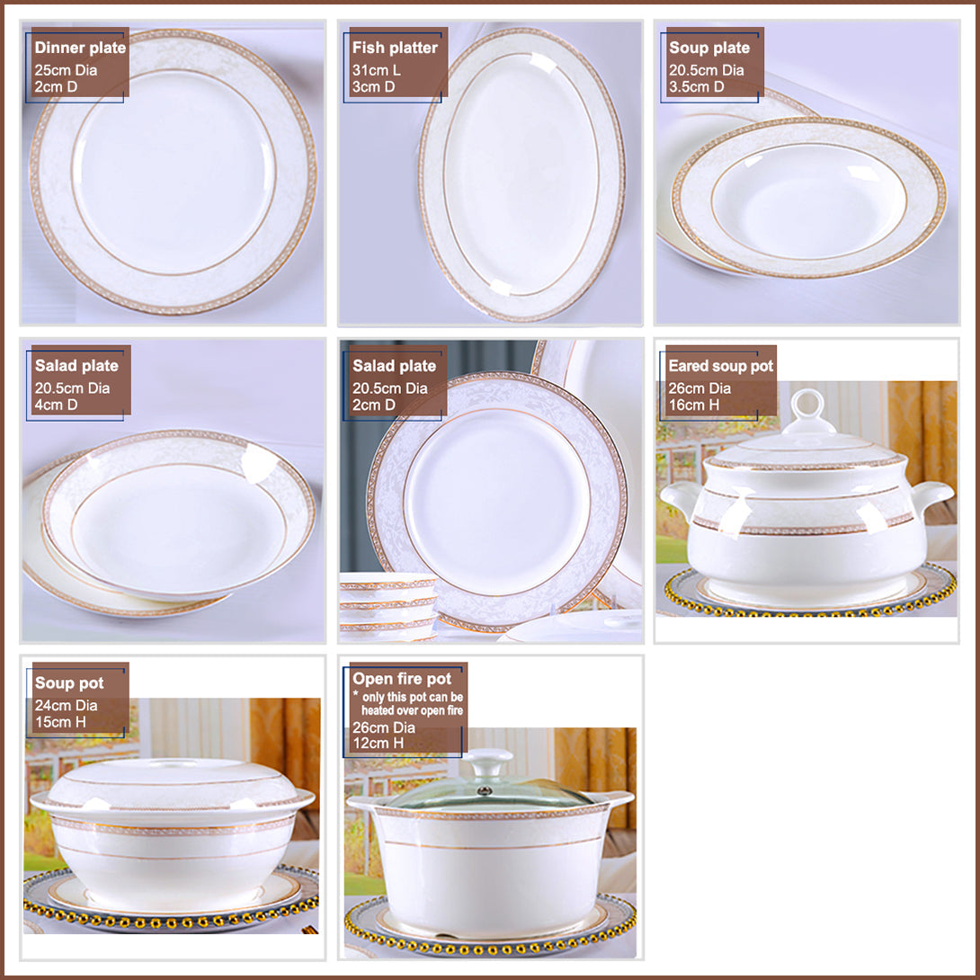 Bone China Dinnerware Set - Decorative Rim in Gold & Brown with Pale Pattern