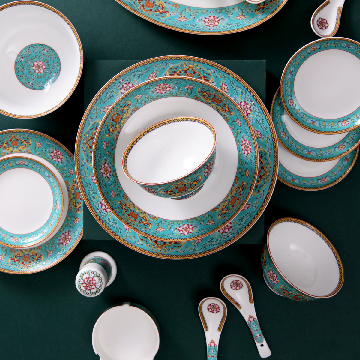 Luxury Bone China Dining Ware Collection - Enameling of Decorative Motif in Turquoise