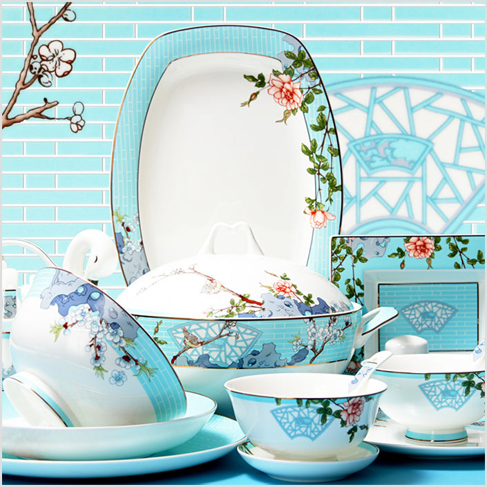 Luxury Bone China Dining Ware Collection - Embossed Gold on Enameling of Floral Motif with Blue Background