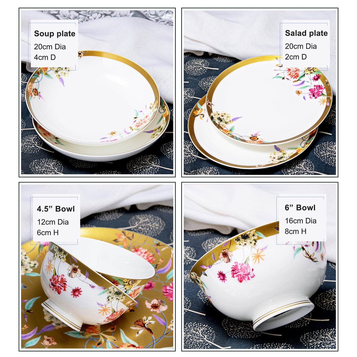 Luxury Bone China Dining Ware Collection - Enameling of Floral Motif in Golden Background