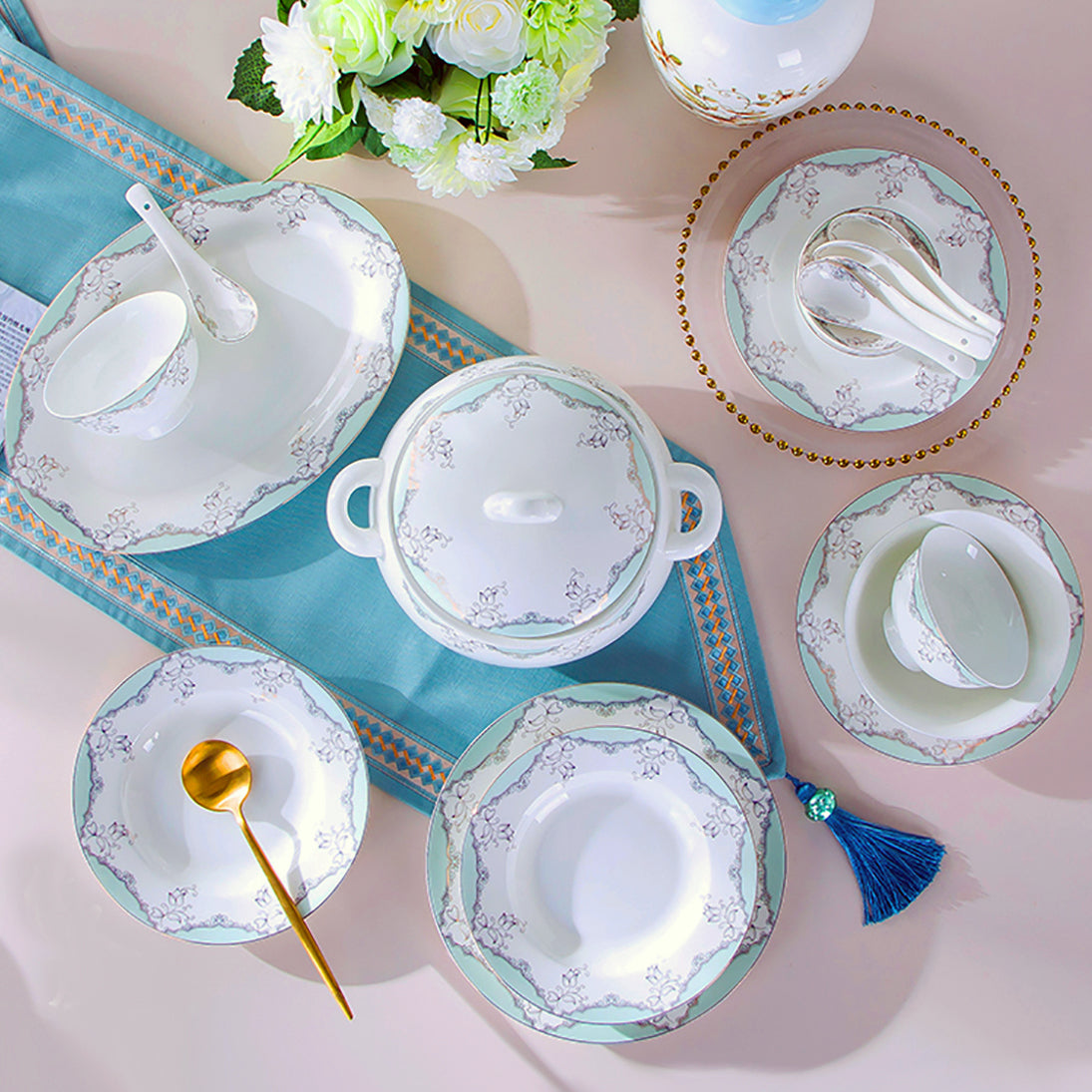 Bone China Dinnerware Set - Decorative Pattern in Pale Blue