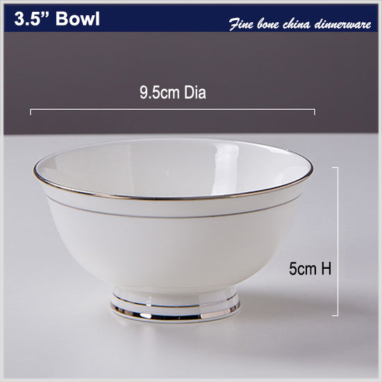 Bone China Round Bowl - White with Silver Rim & Foot