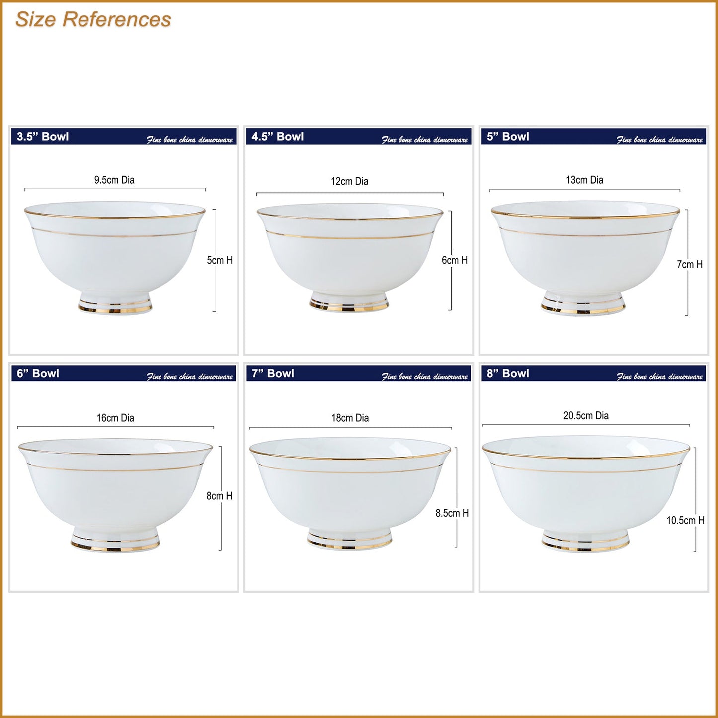 Bone China Round Bowl - White with Gold Rim & Foot
