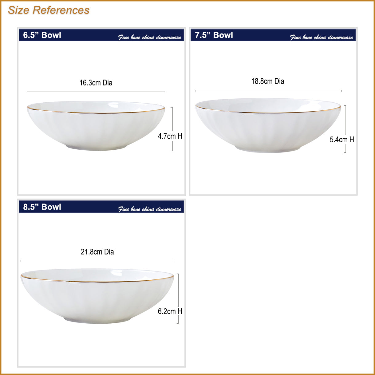 Bone China Ribbed Bowl - with Wide Mouth & Gold Rim