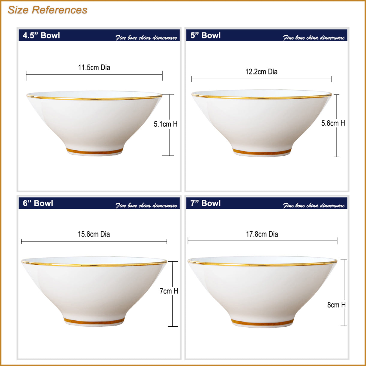 Bone China Wide Mouth Bowl - White with Gold Rim & Foot