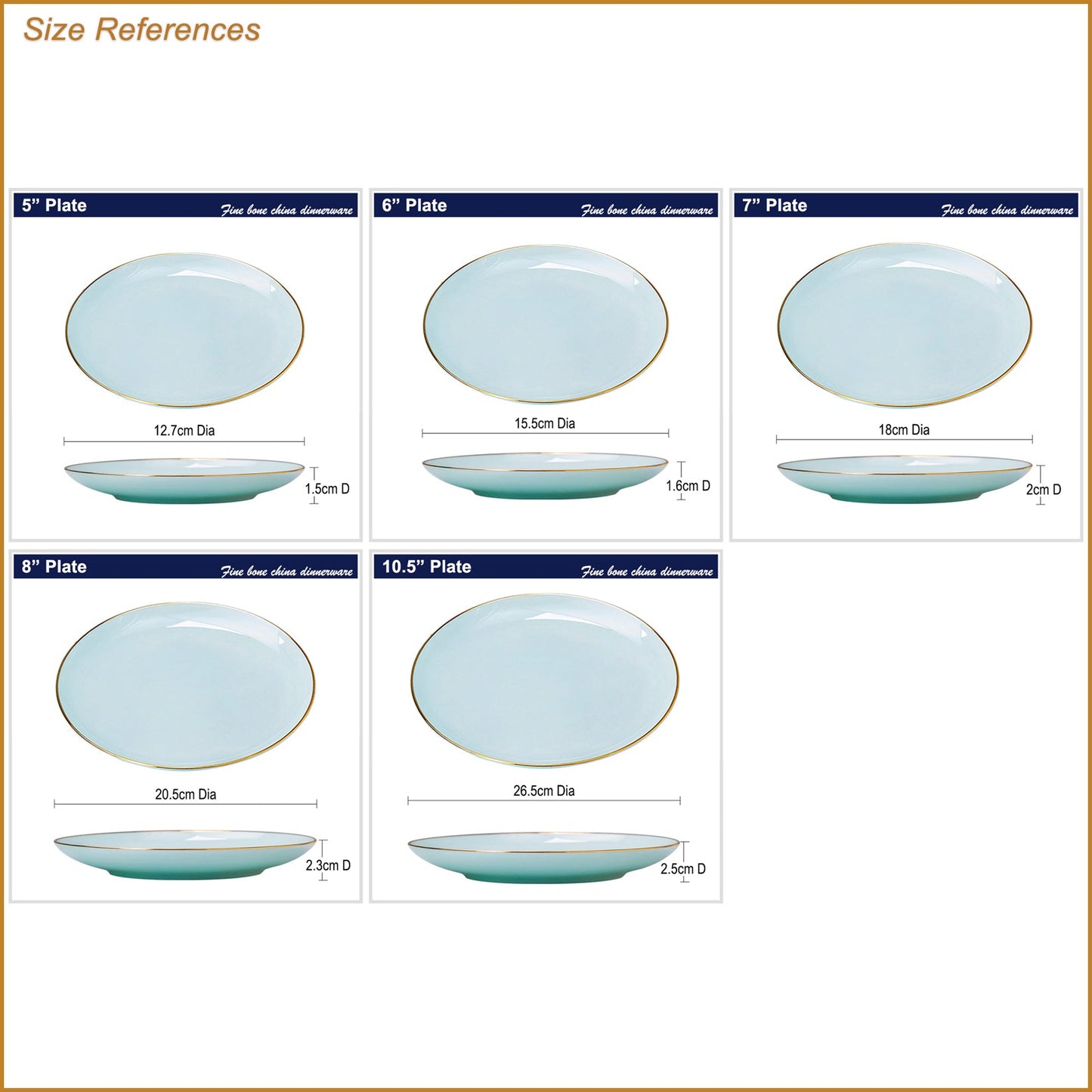 Bone China Celadon Dinnerware - Flat Plate with Gold Rim