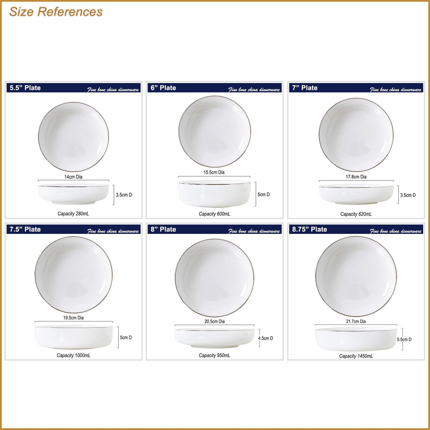 Bone China Dinnerware - Round Plate with Silver Rim