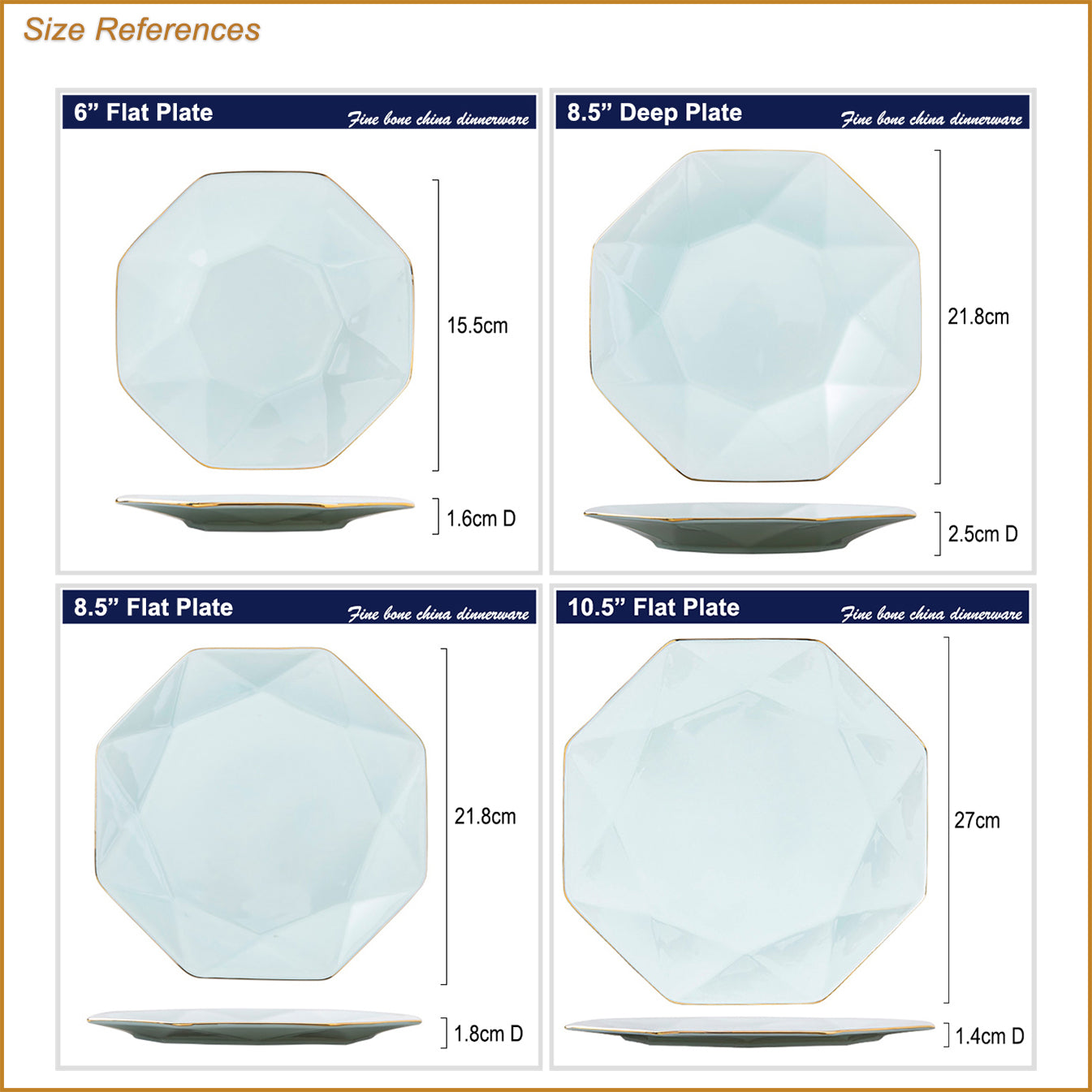Bone China Celadon Dinnerware - Octagon Plate with Gold Rim