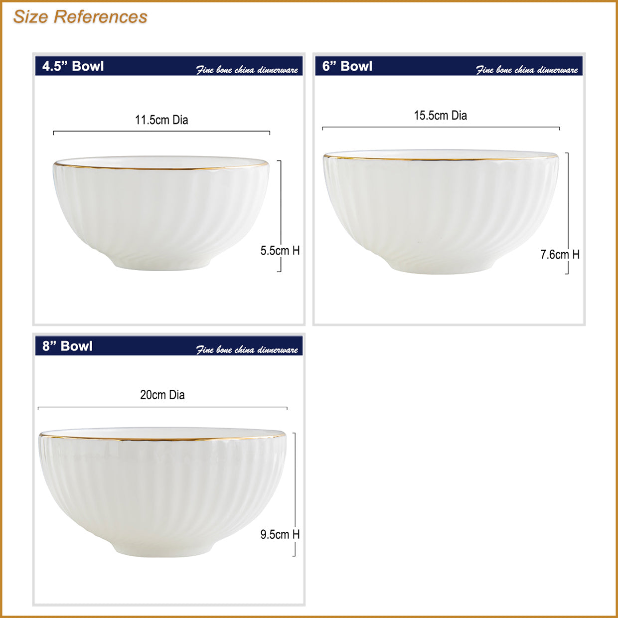Bone China Round Bowl - Curved Ridges & Gold Rim
