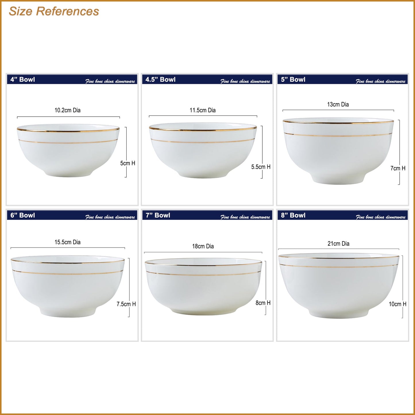 Bone China Round Bowl - White with Gold Rim & Foot