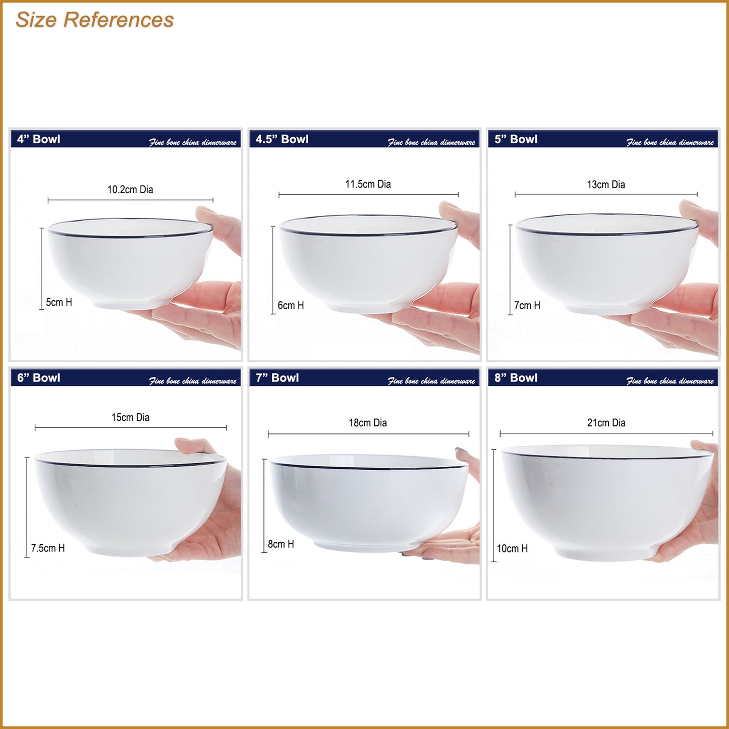 Bone China Round Bowl - White with Black Rim & Foot