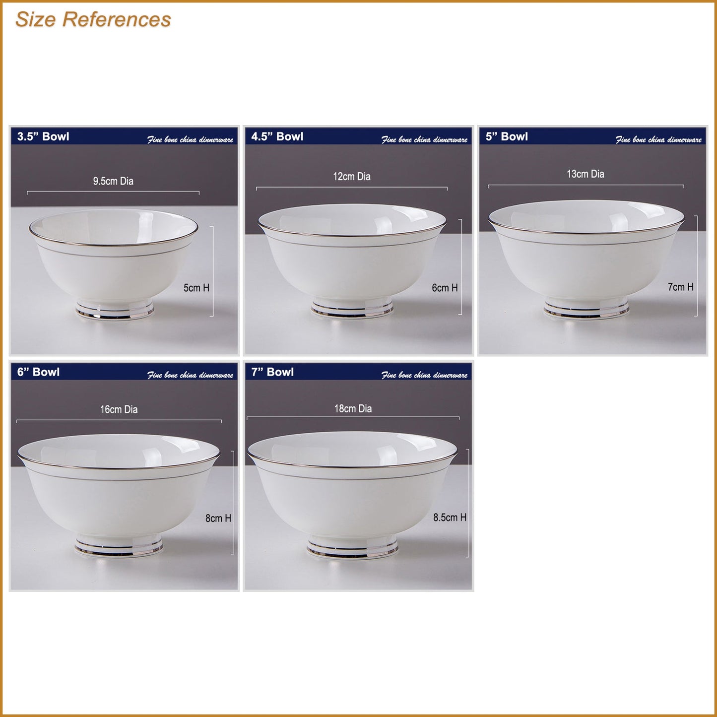 Bone China Round Bowl - White with Silver Rim & Foot
