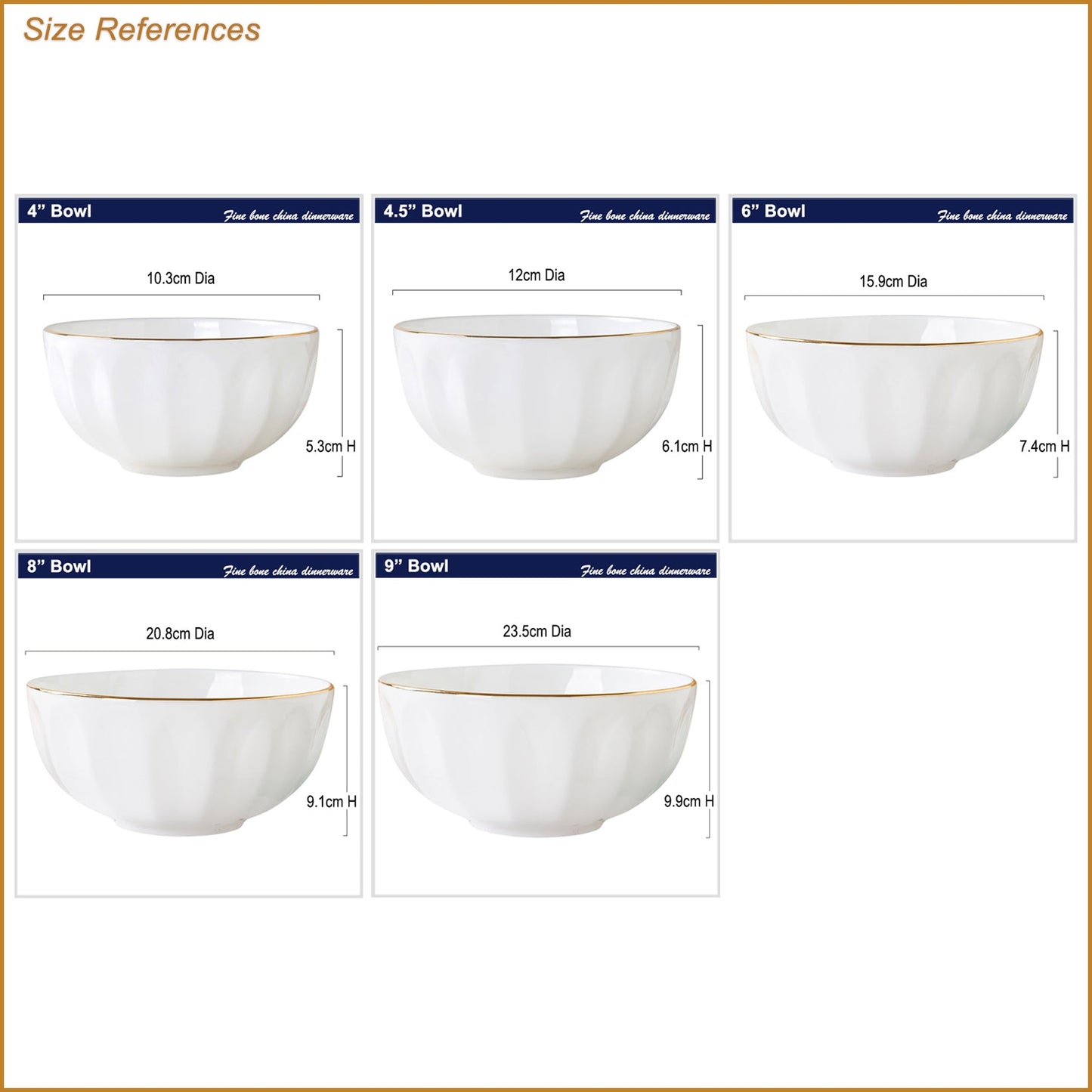 Bone China Tableware - Ribbed Bowl with Gold Rim