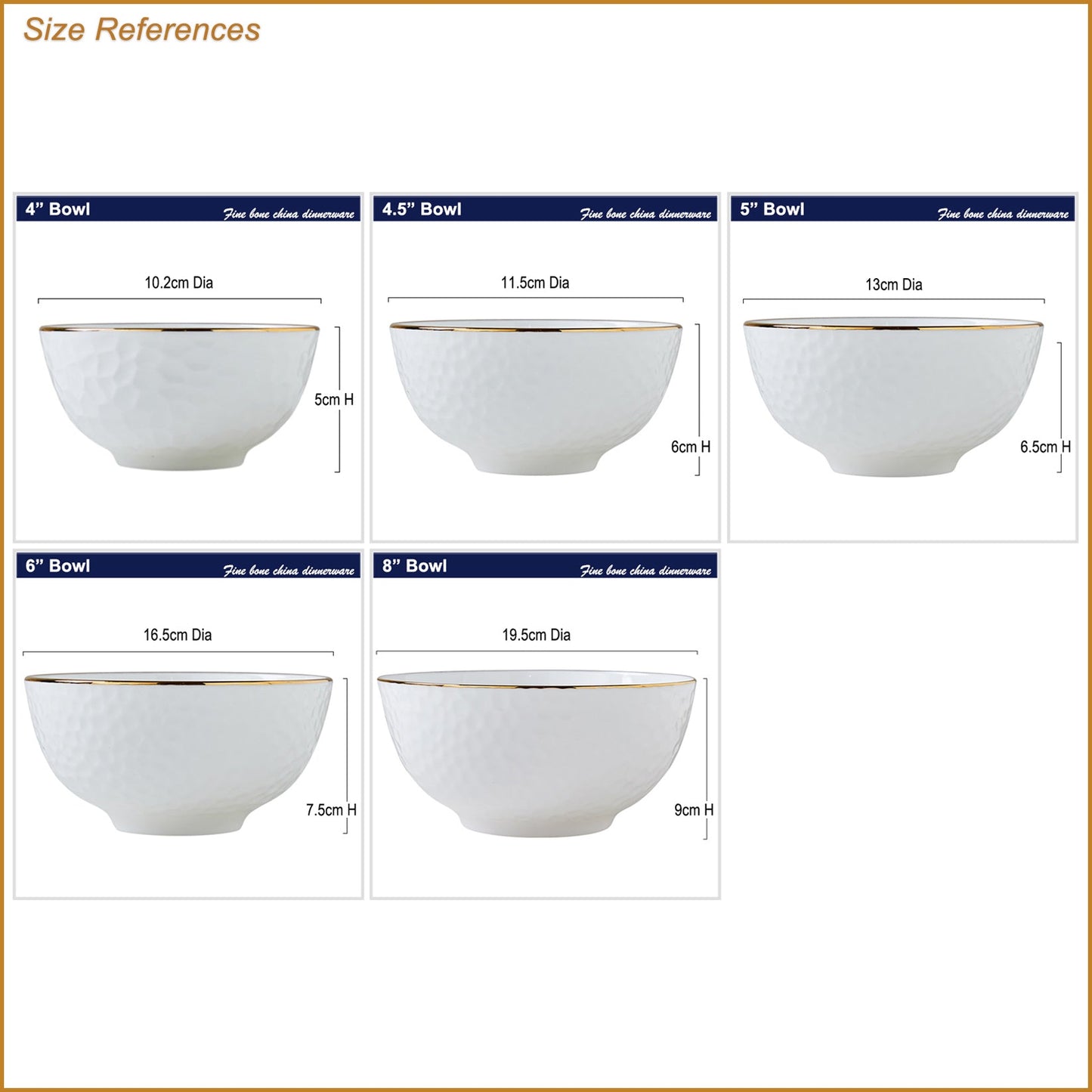 Bone China Round Bowl - Golf Shaped Surface & Gold Rim