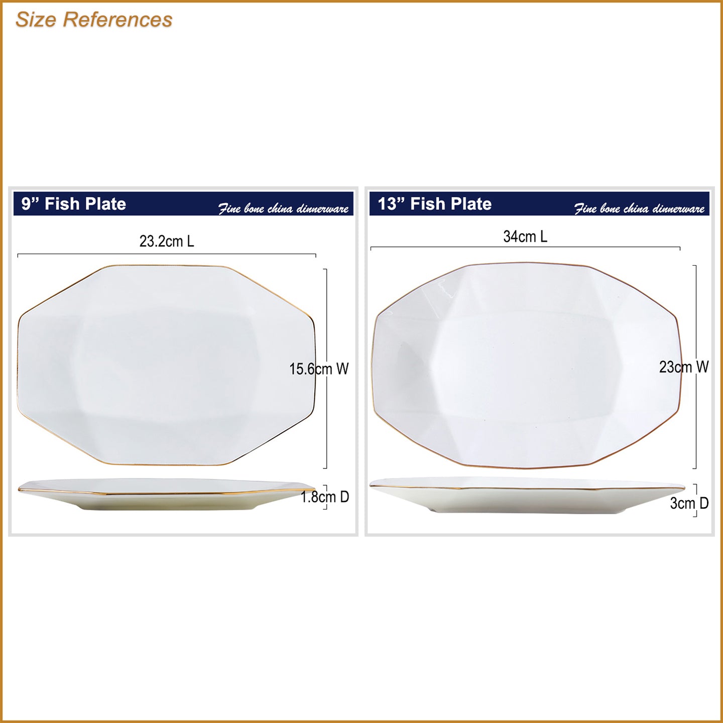 Bone China Dinnerware -Octagon Fish Platter with Gold Rim