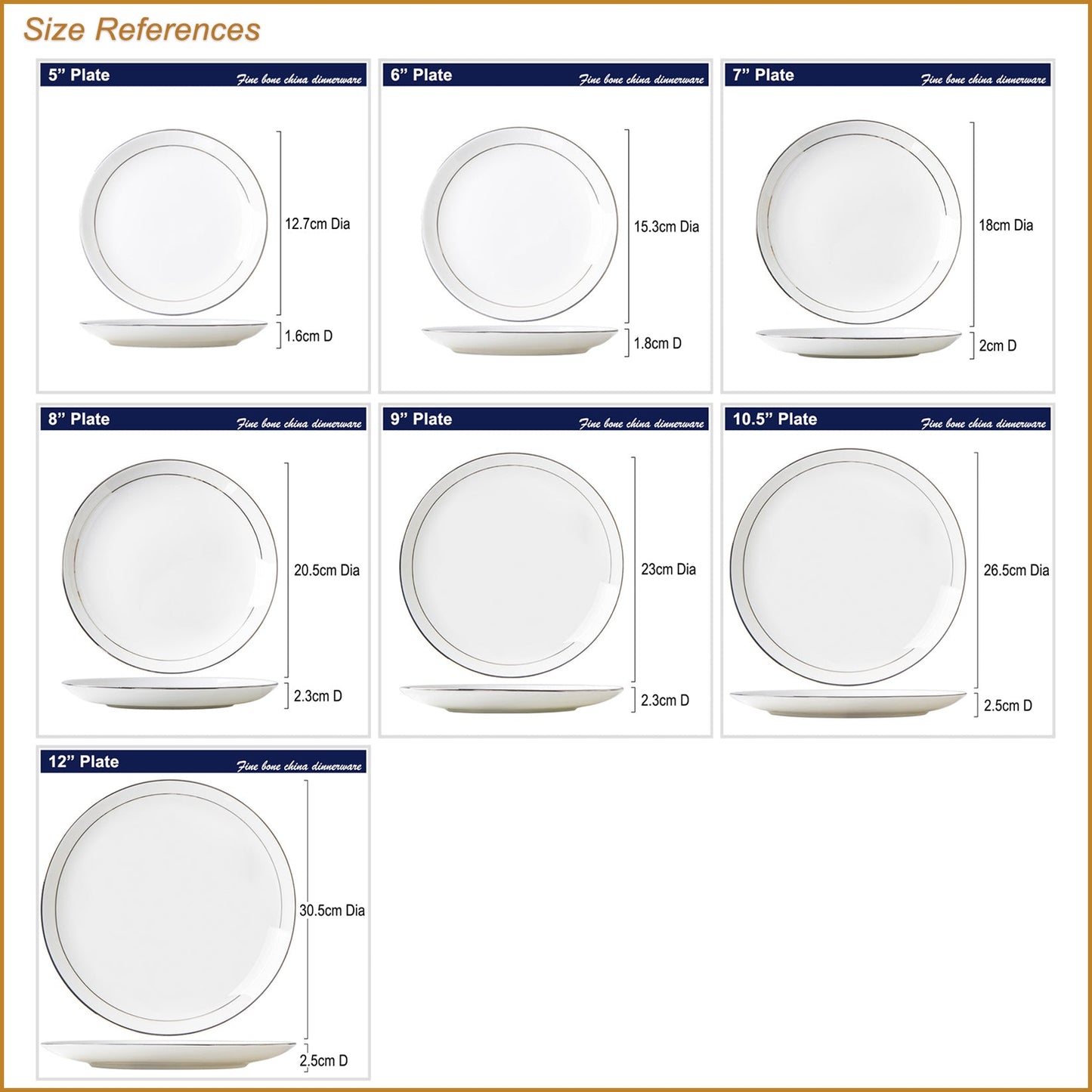 Bone China Dinnerware - Flat Plate with Silver Rim