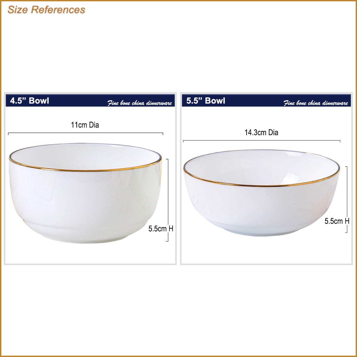 Bone China Tableware - Plump Bowl with Gold Rim