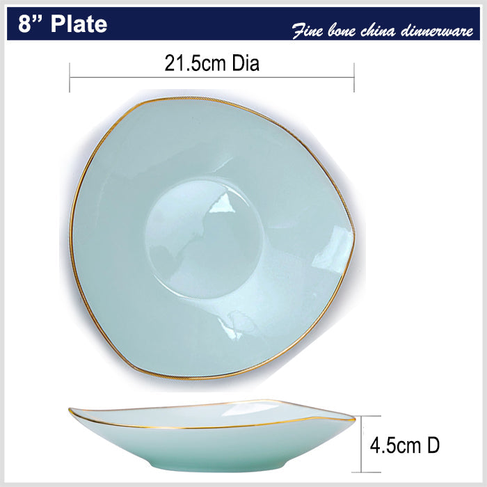Bone China Celadon Dinnerware - Triangle Plate with Gold Rim