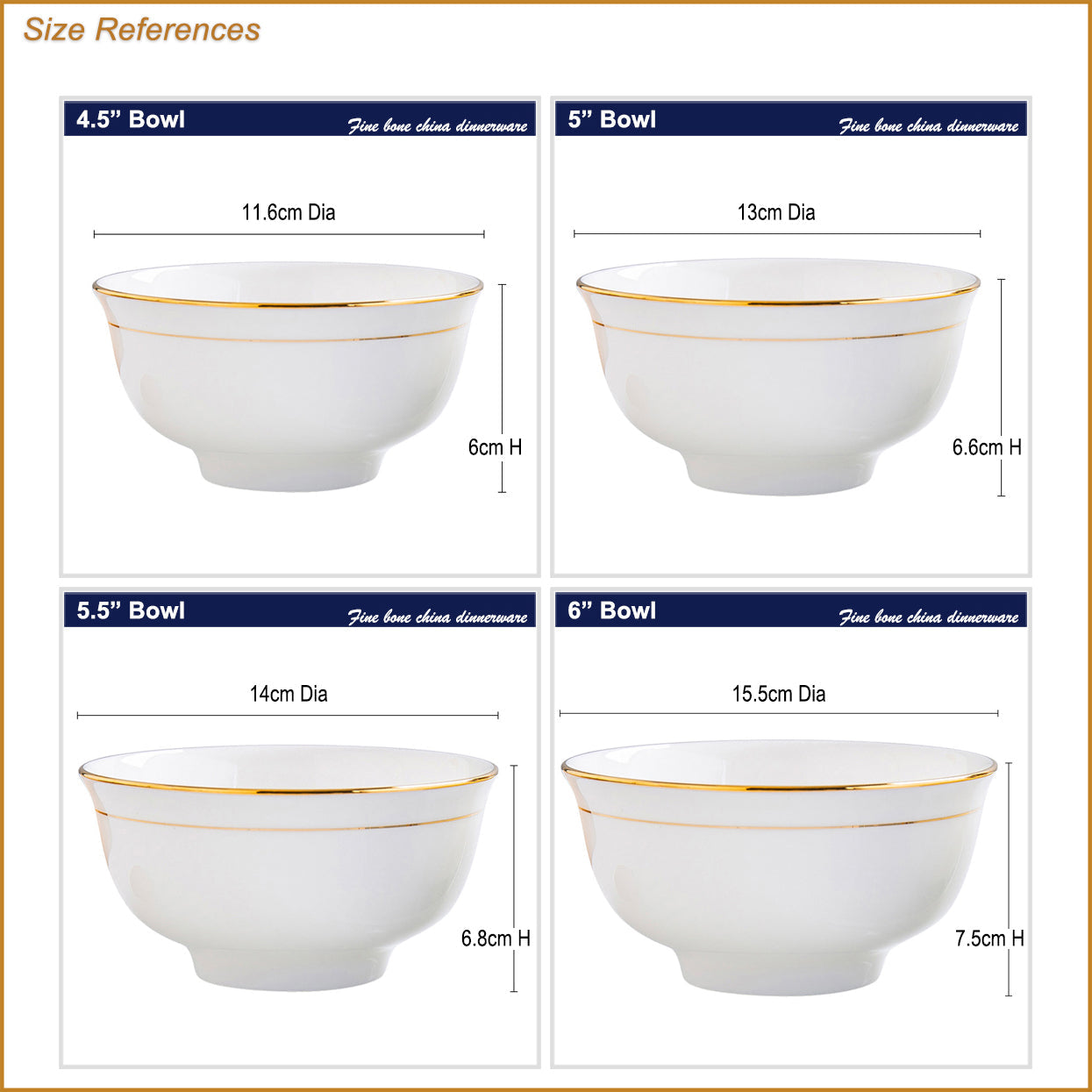 Bone China Bell Bowl - White with Gold Rim & Foot