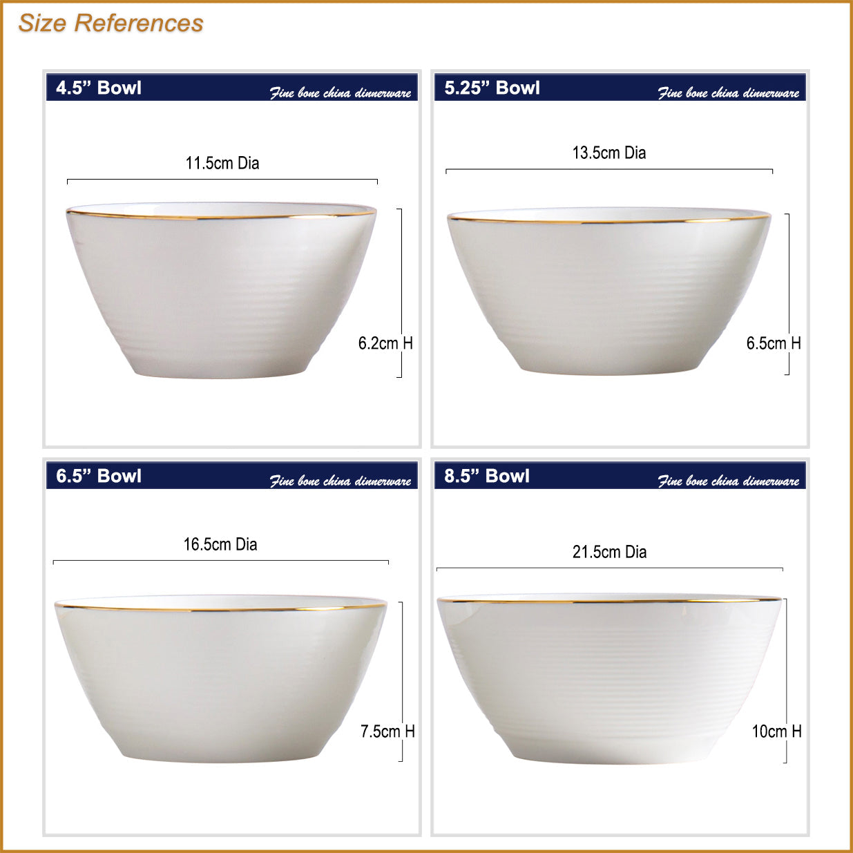 Bone China Round Bowl - Horizontal Ridges & Gold Rim