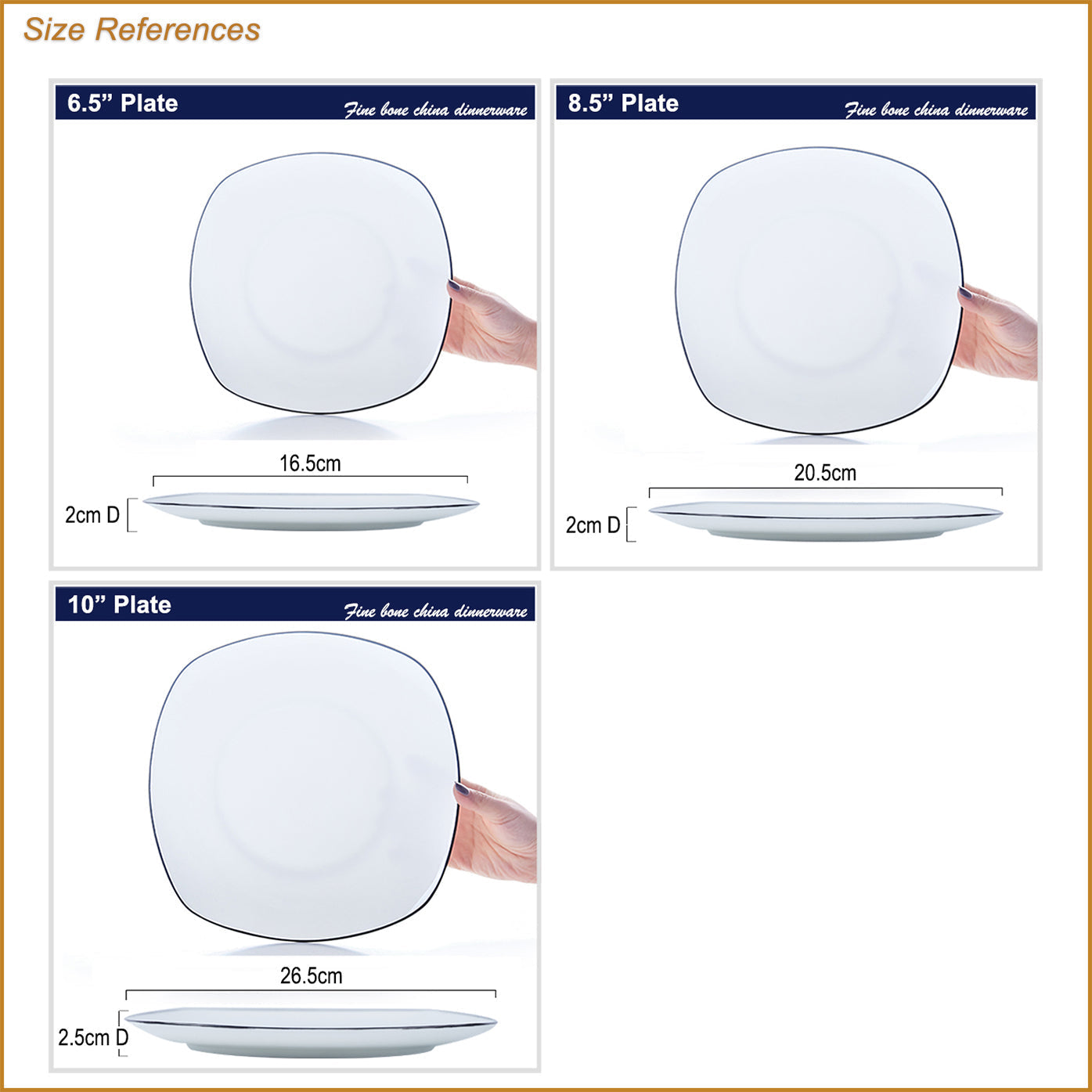 Bone China Flat Plate - Square Shaped with Black Rim