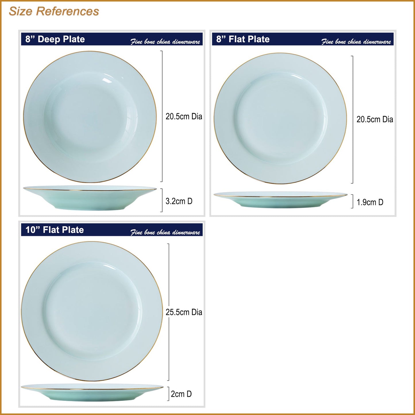 Bone China Celadon Dinnerware - Round Plate with Gold Rim
